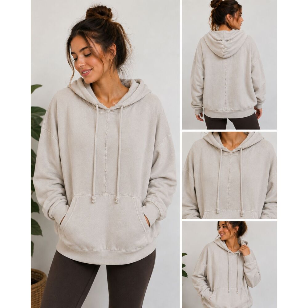 Free People Movement Oversized Hoodie Oatmeal Beige Raw Seam Pullover Size Small